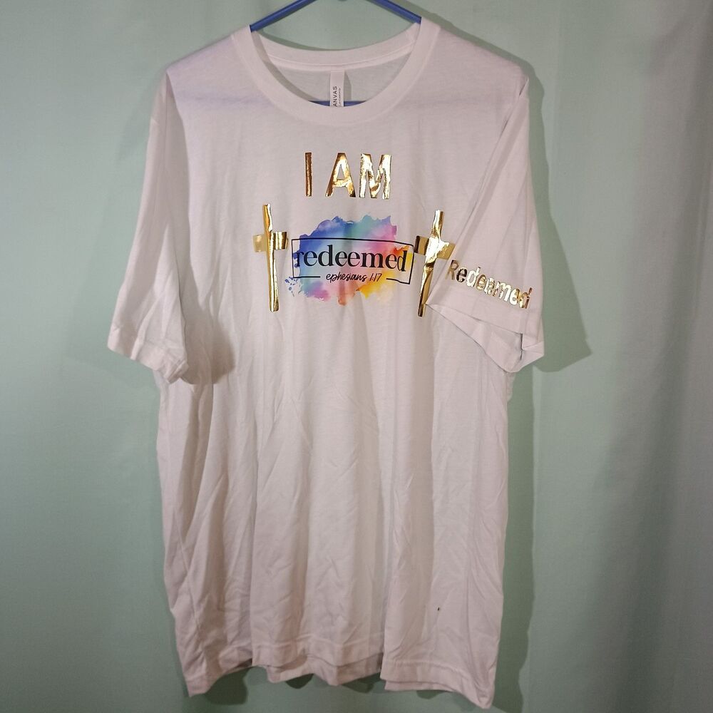 White Graphic T Shirt I Am Redeemed Christian Faith Tee Gold Foil Statement Top